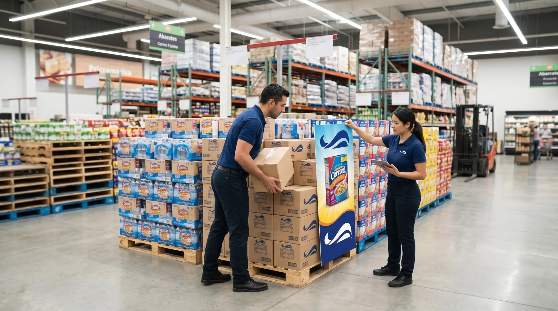 Equipo preparando materiales en tienda